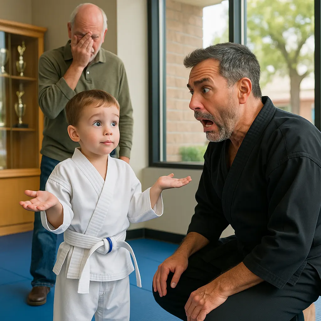 Small white belt student shrugging while a surprised instructor reacts and a grandfather covers his face