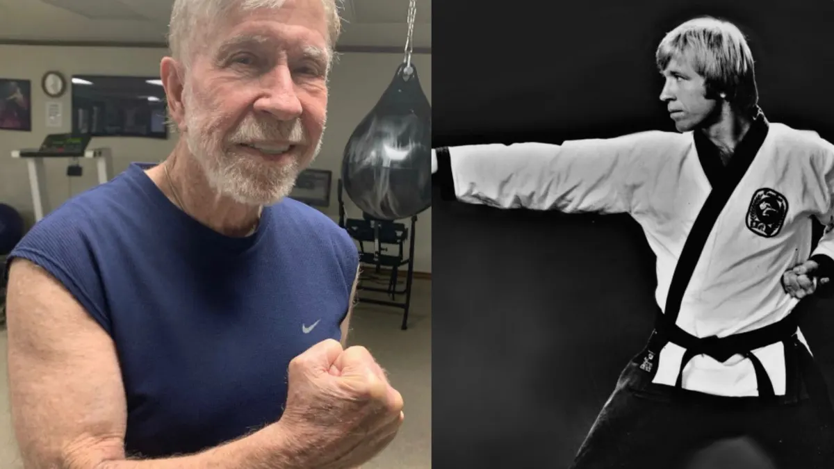 Martial arts legend shown flexing in a gym in his later years beside a vintage photo in a black belt uniform