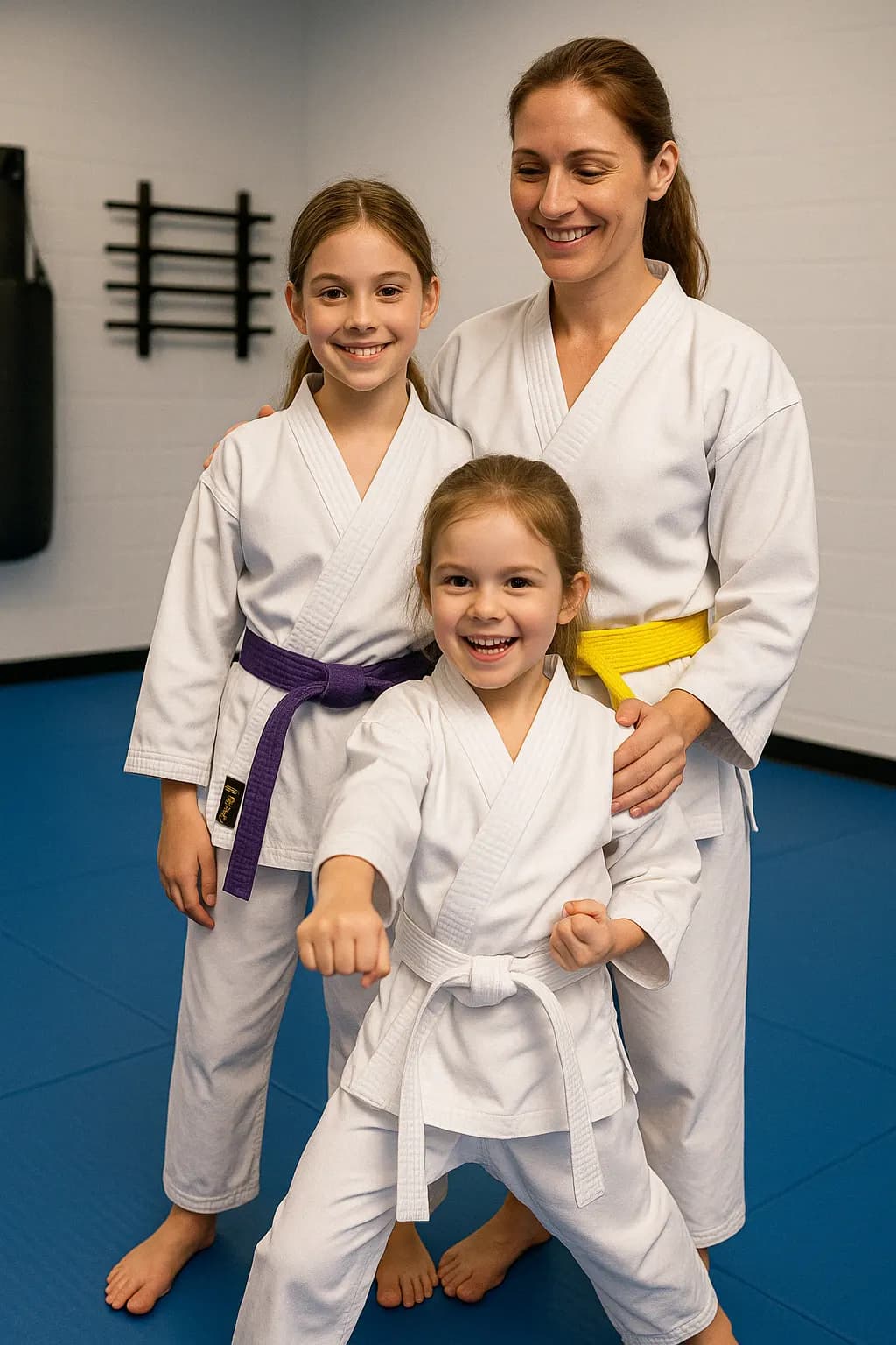 Smiling mom and two daughters in karate uniforms posing together on the dojo mat