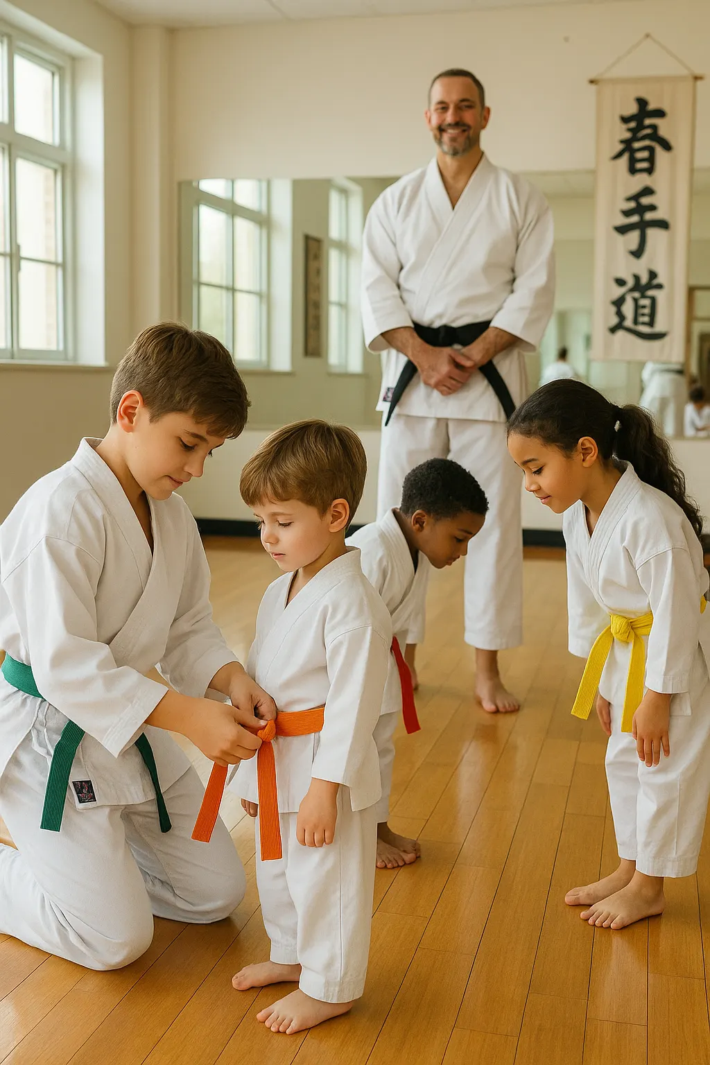 Older student kneeling to tie a younger child's orange belt as an instructor watches