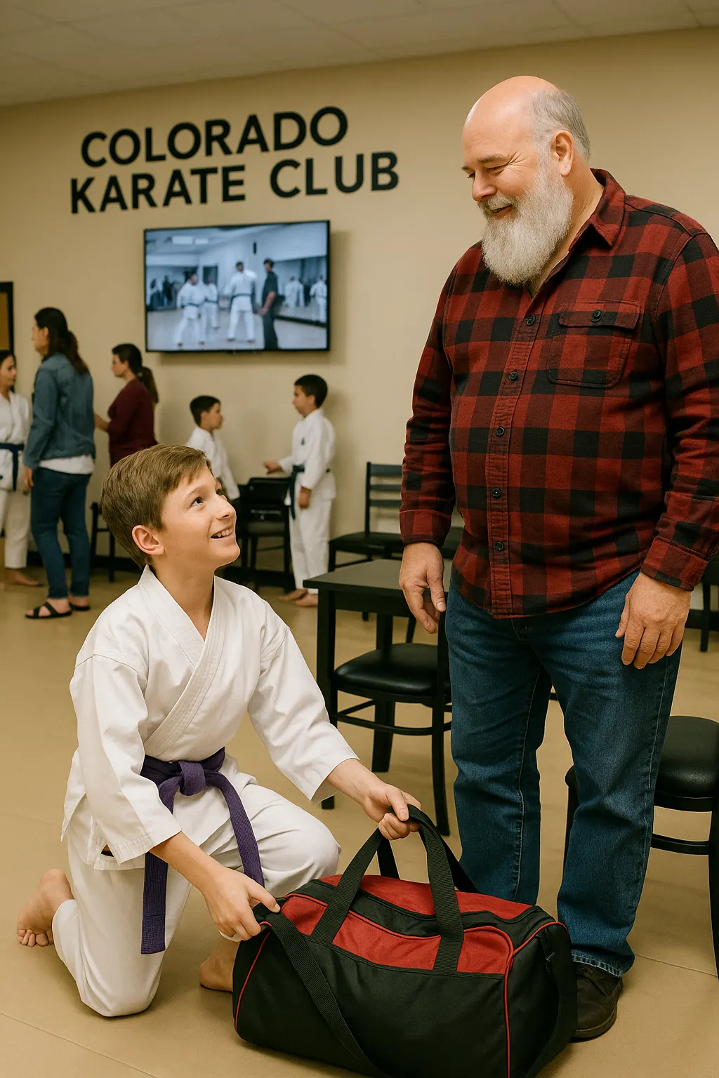 Young purple belt student kneeling by a gear bag and smiling up at his grandfather in the dojo lobby