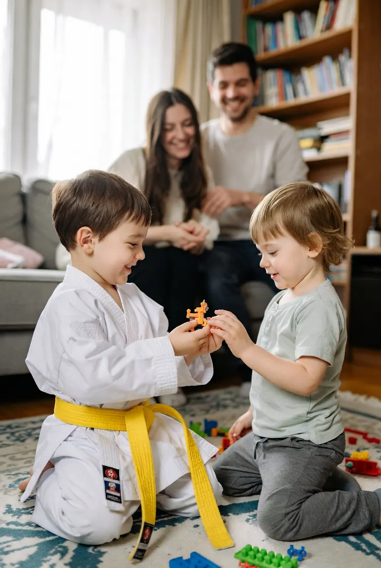 Young yellow belt student sharing a toy with his little brother while their parents smile